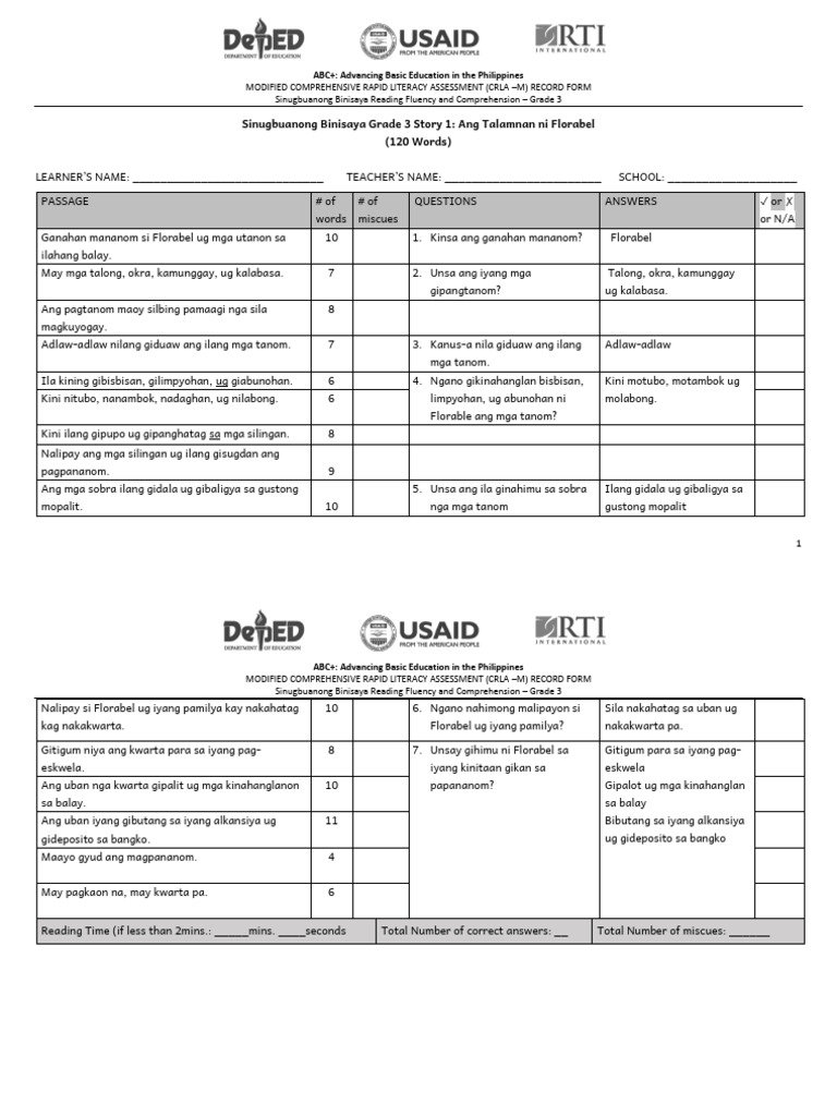 mCRLA G3 RECORD FORM - Sinugbuanong Binisaya | PDF