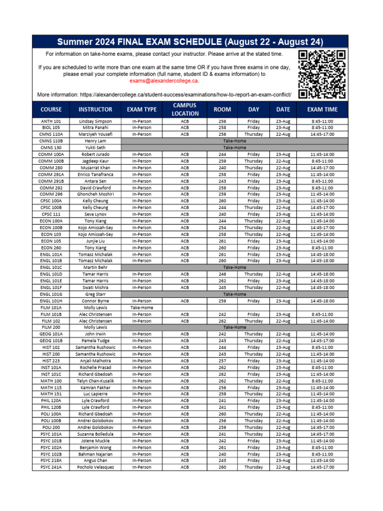 Summer 2024 Final Exam Schedule | PDF