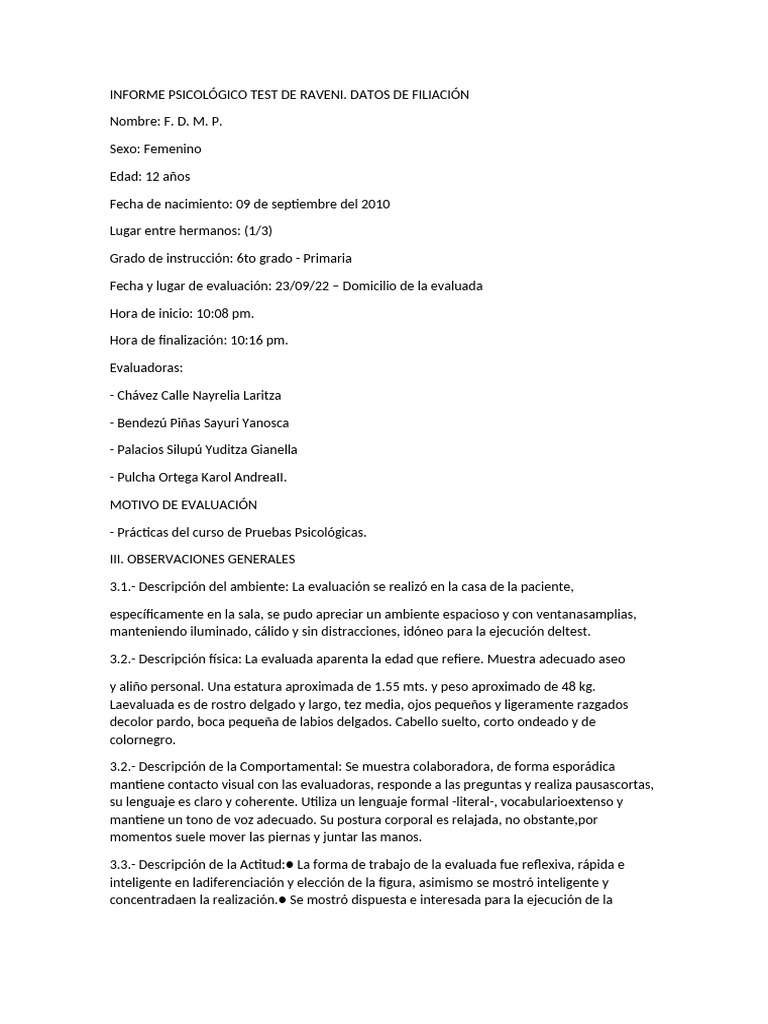 Informe Test de Raven: Evaluación de Inteligencia | PDF | Pensamiento ...