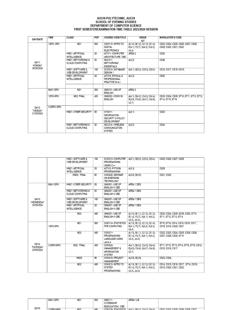Auchi Polytechnic 2023/2024 Exam Timetable | PDF | Computing | Computer ...