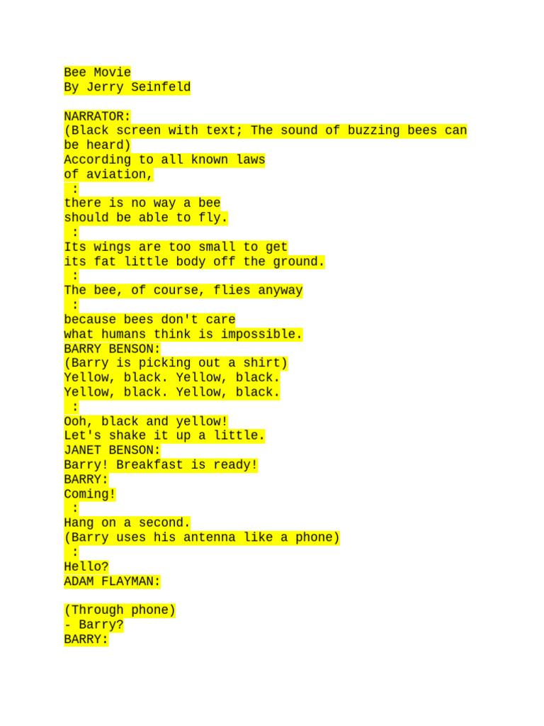 Bee Movie Script Excerpt | PDF | Beekeeper | Bees