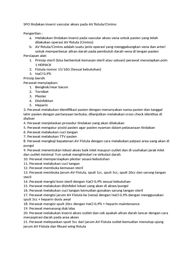 SPO Tindakan Insersi Vascular Akses Pada AV Fistula | PDF