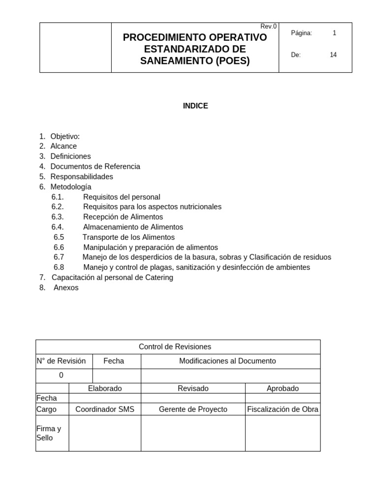 Procedimiento Operativo Estandarizado de Saneamiento (Poes) . | PDF