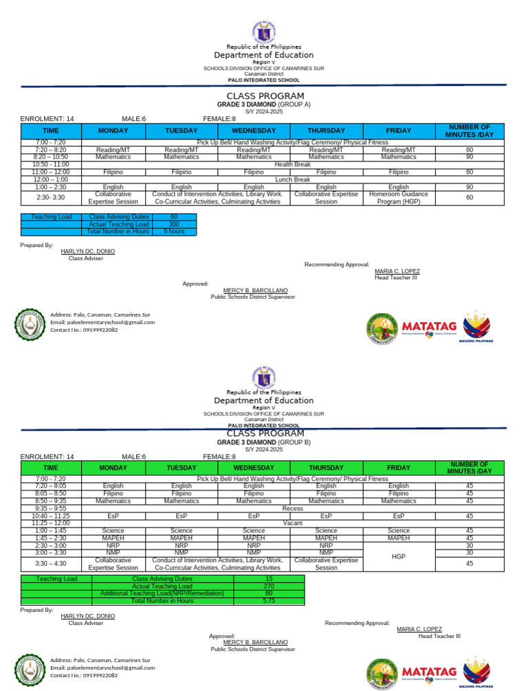 Class Program Grade 3 Group A Pdf