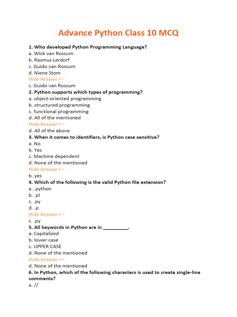 Advance Python Class 10MCQ | PDF