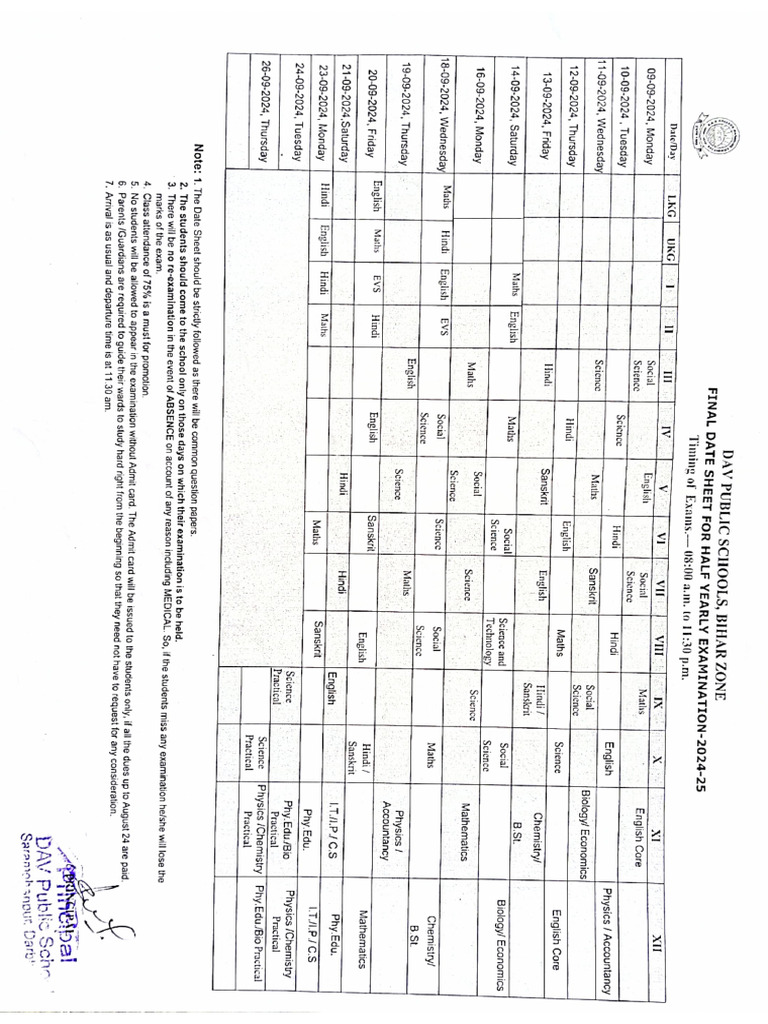Date Sheet For Half Yearly Exam 2024-25 | PDF