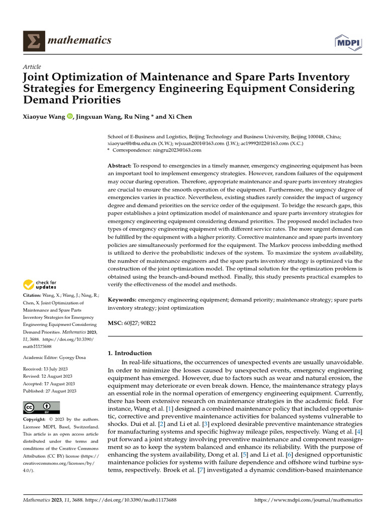 INTER Joint Optimization of Maintenance and Spare Parts Inventory | PDF