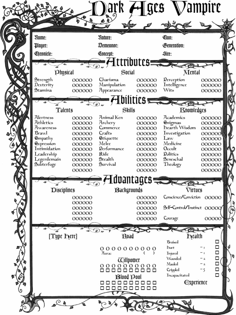 DarkAges Vampire V20 2-Page Interactive | PDF