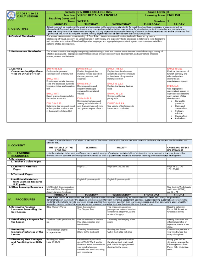 Grade 8 English Weekly Lesson Plan | PDF | Learning | Narrative