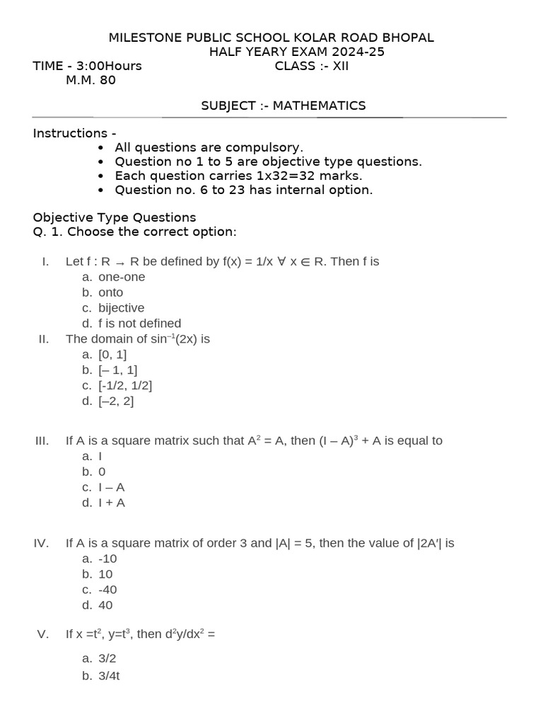 Class 12 Maths Half Yearly Paper | PDF