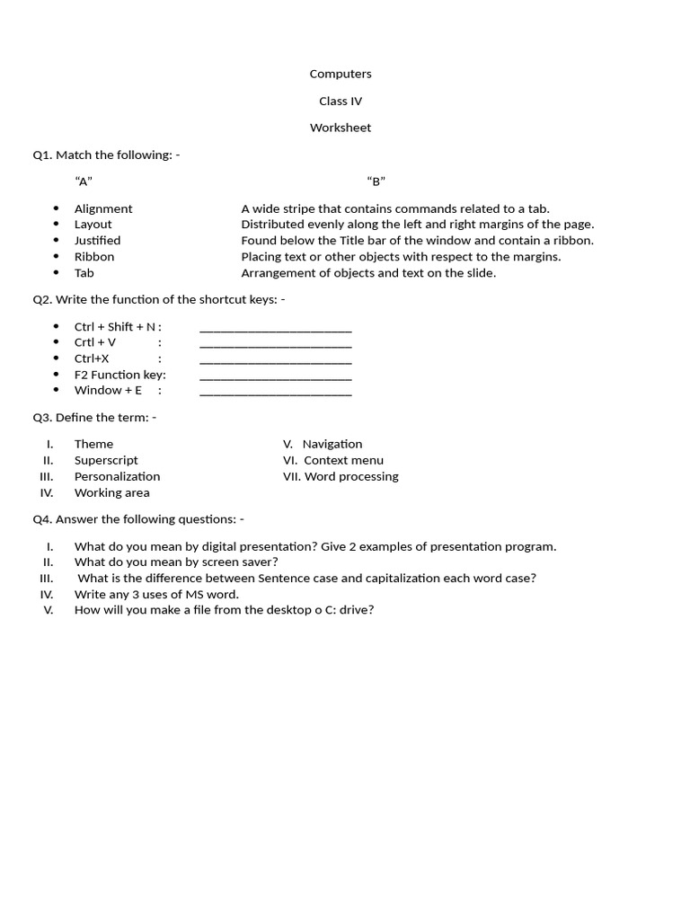 Class IV Computer Worksheet | PDF