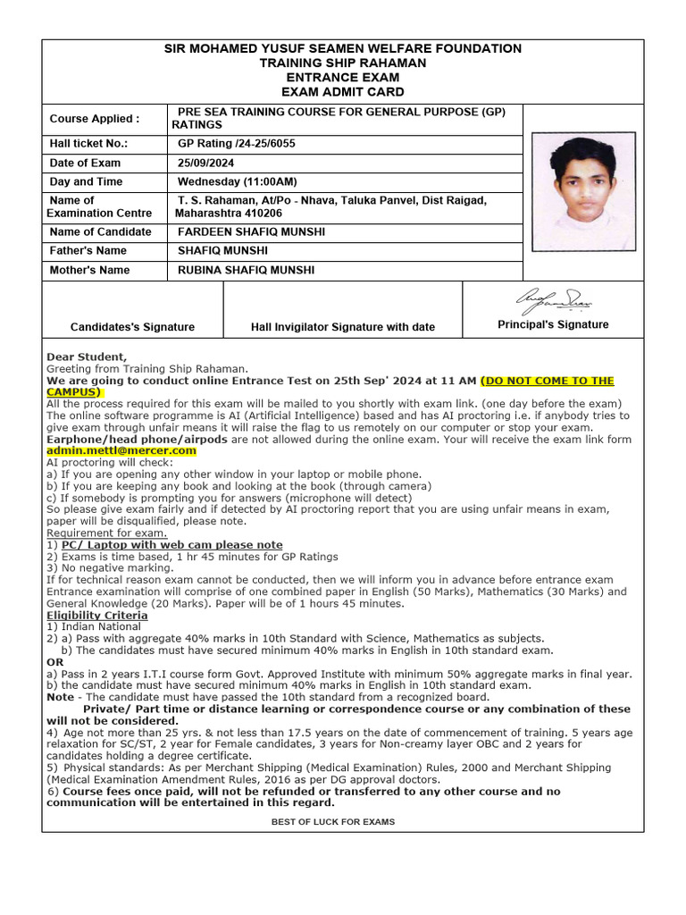 Entrance Exam Admit Card for GP Ratings | PDF