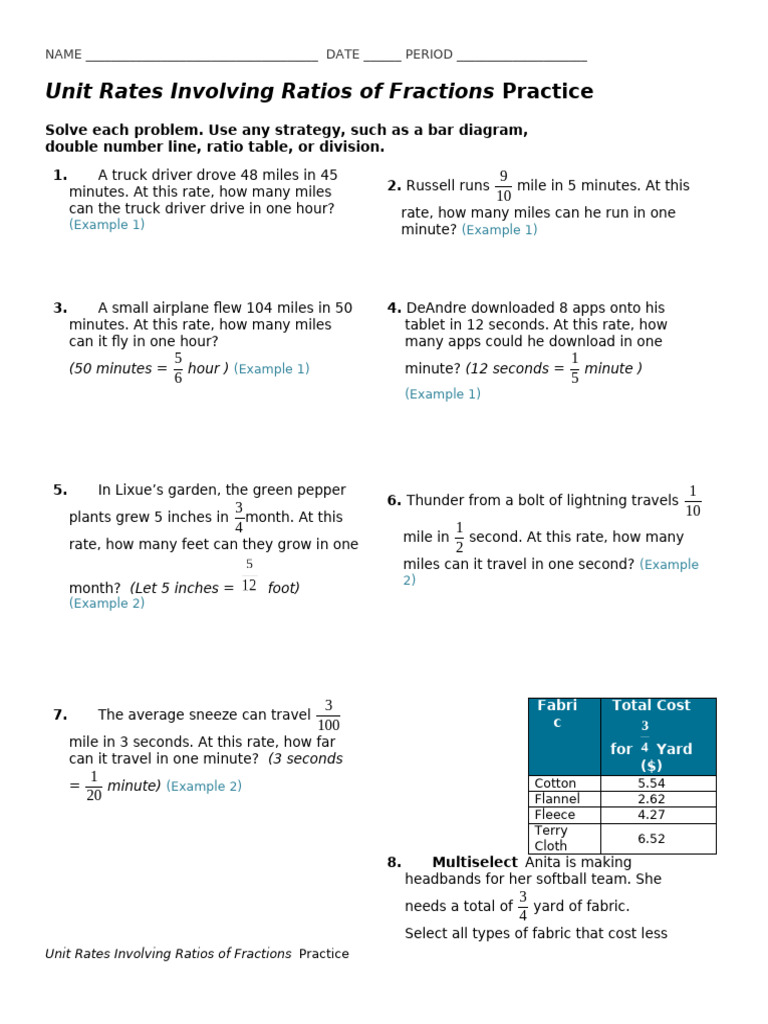 Unit Rates Practice Problems | PDF