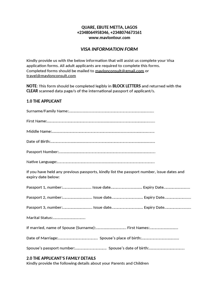 Visa Information Form | PDF