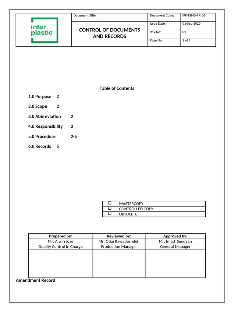 IPF-FSMS-PR-06 Control of Documents and Records | PDF