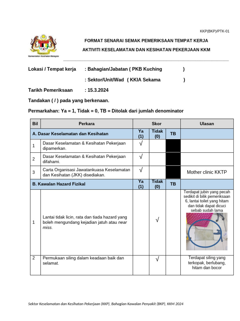 Format Pemeriksaan Tempat Kerja KKM 2024 KKIA SEKAMA | PDF