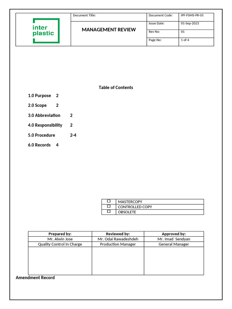 IPF-FSMS-PR-05 Management Review | PDF