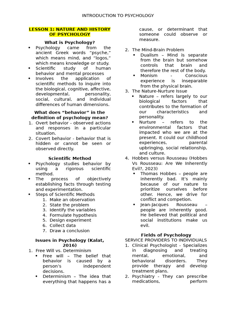 Lesson 1: Nature and History of Psychology What Is Psychology? | PDF