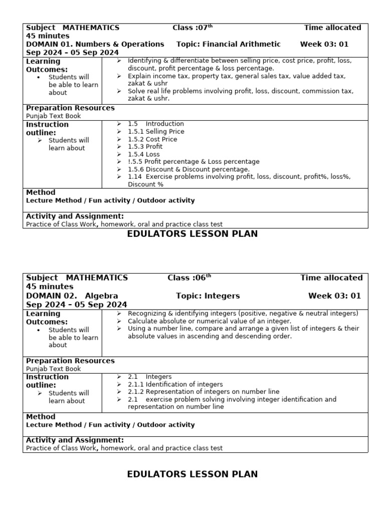 Week 03 Lesson Plan 6,7 Class | PDF