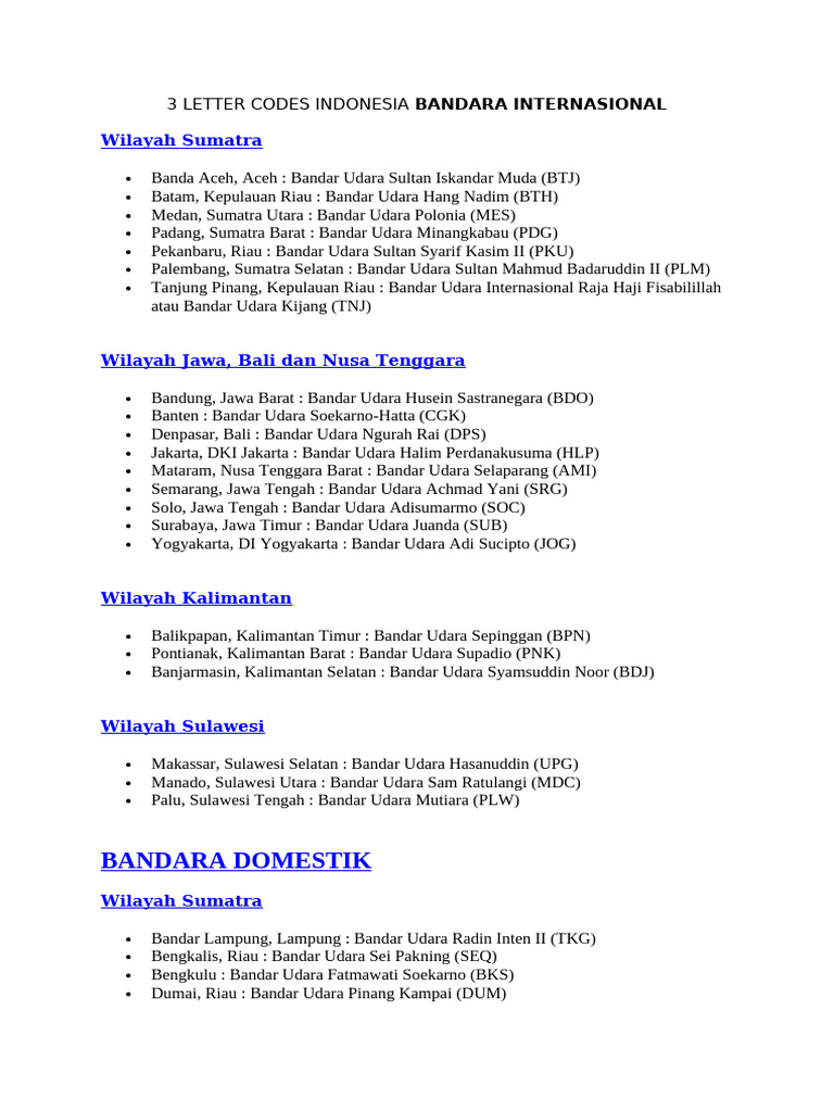 3 Letter Codes Indonesia Bandara Internasional | PDF | Indonesia ...
