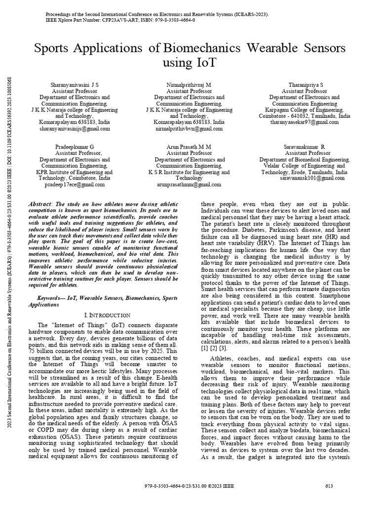 Sports Applications of Biomechanics Wearable Sensors Using Iot | PDF