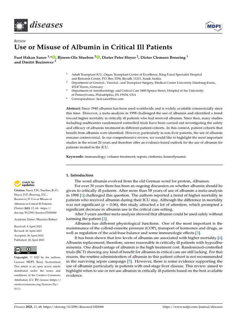 Use or Misuse of Albumin in Critical Ill Patients | PDF