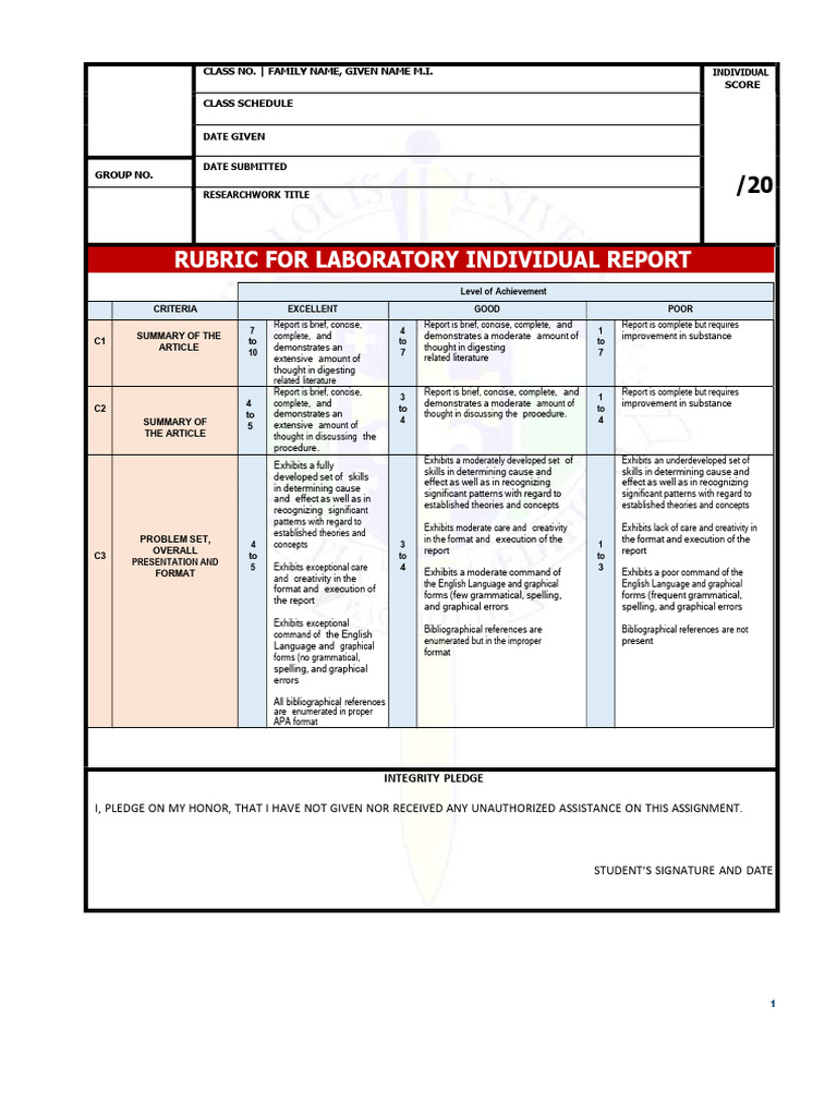 Rubric For Laboratory Individual Report | PDF