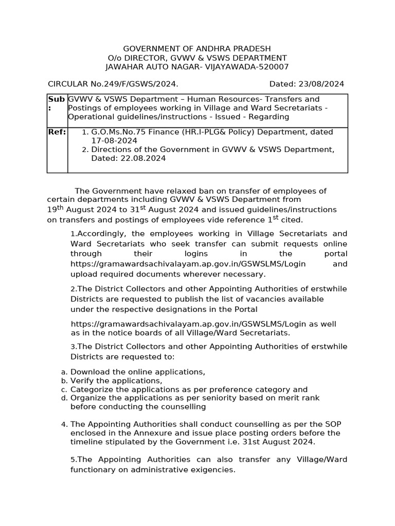 AP Grama Ward Transfers Guidelines 2024 | PDF