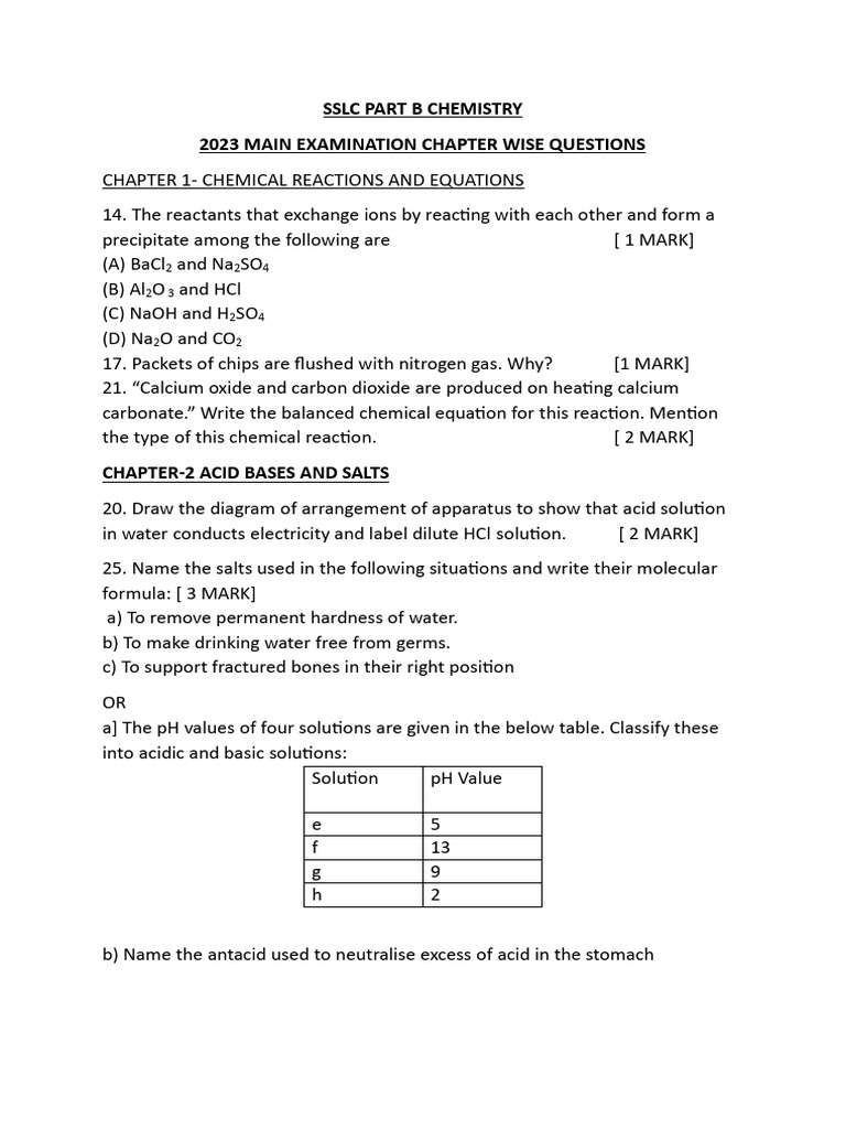 Sslc Chemistry Chapter Wise Questions And Answers