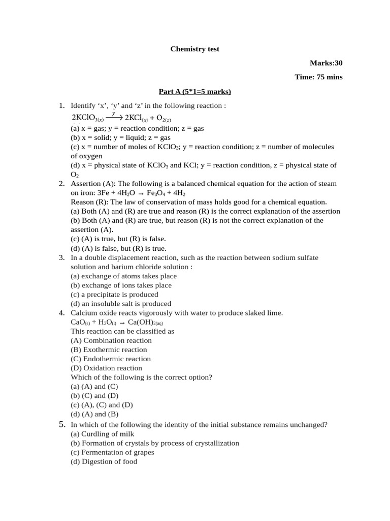 Chemistry Test Pdf