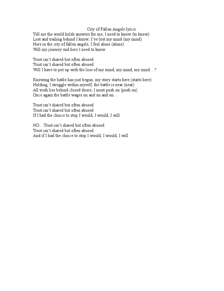 City of Fallen Angels Lyrics | PDF | Poetry | Self-Improvement