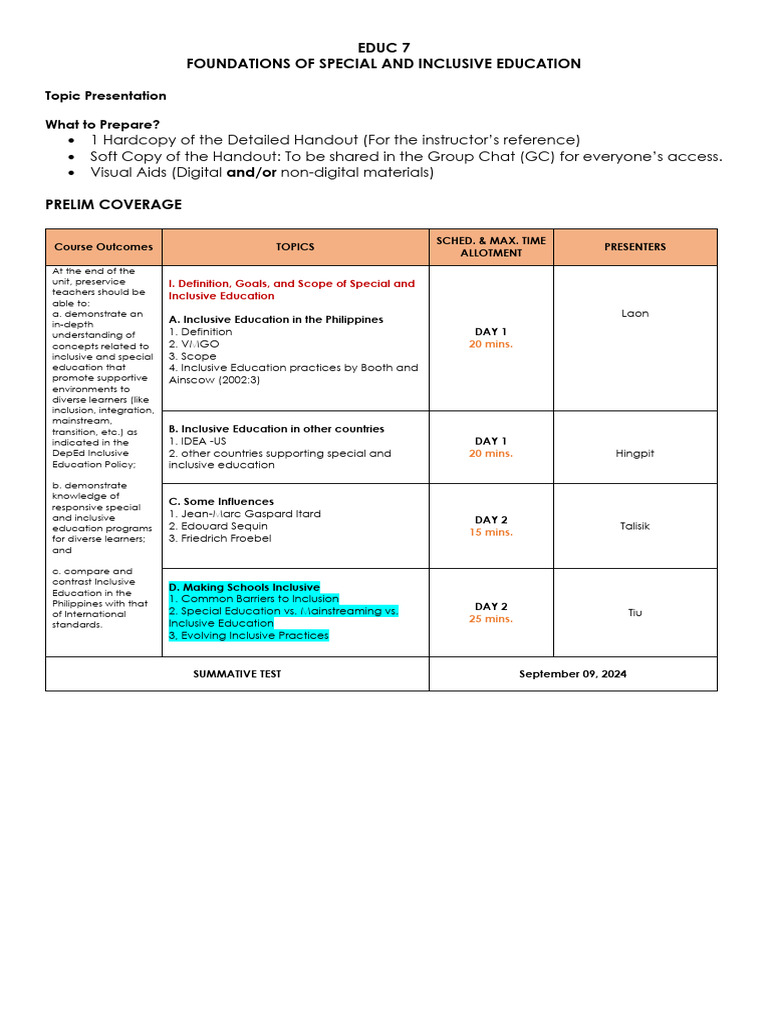 EDUC 7 Schedule of Presentations BECED 3 | PDF