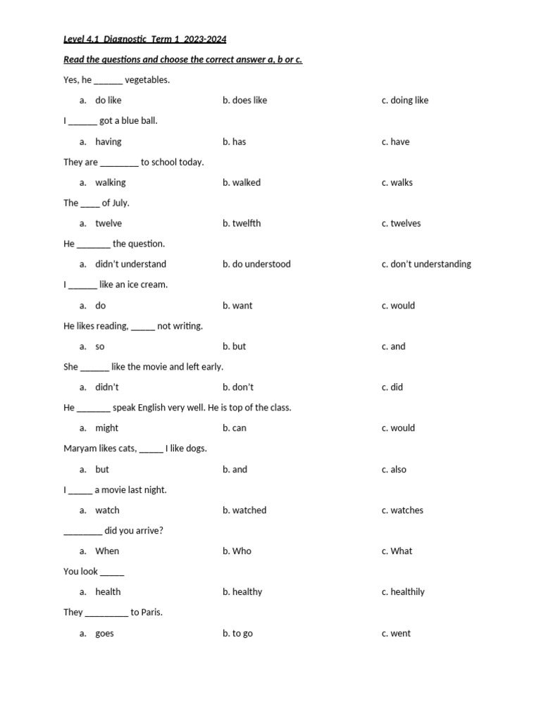 Level 4.1 Diagnostic Test 2023-2024 | PDF | Language Arts & Discipline