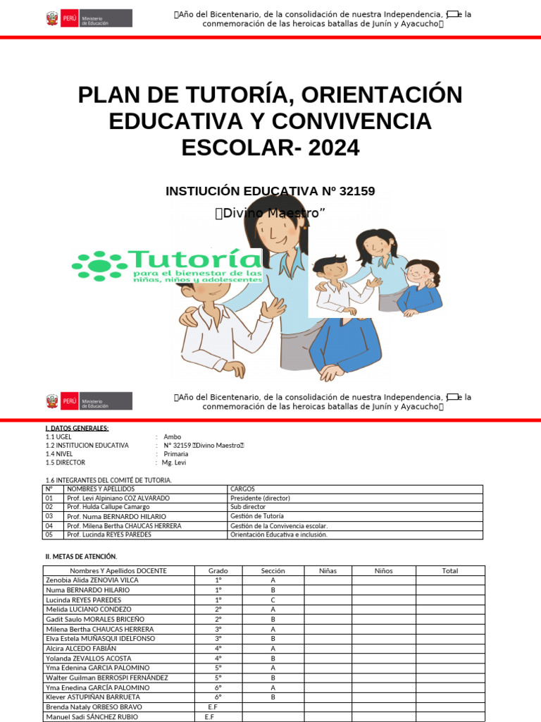 Plan de Tutoría y Convivencia Escolar 2024 | PDF | Salón de clases ...