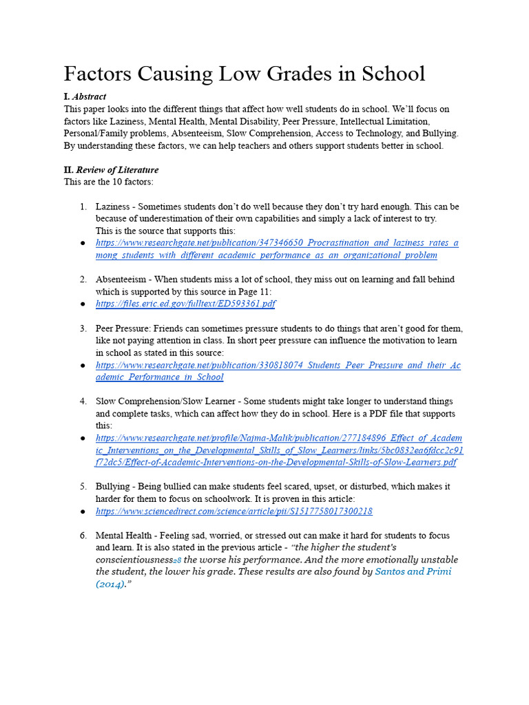 Factors Causing Low Grades in School | PDF