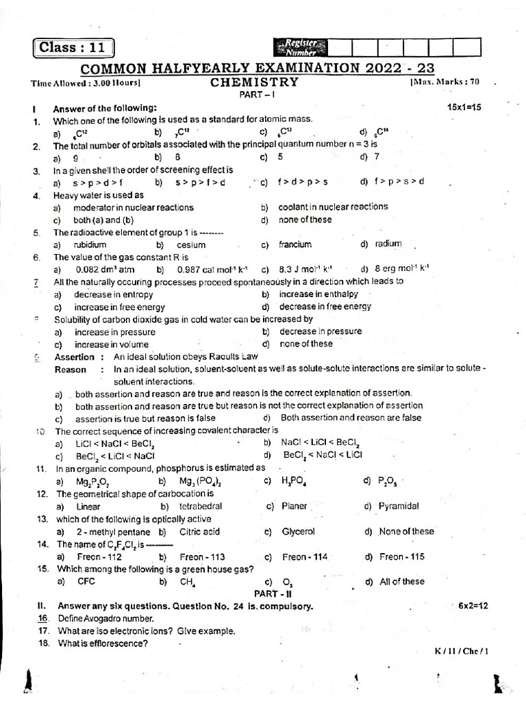 11th Chemistry EM Half Yearly Exam 2022 Original Question Paper Chennai ...