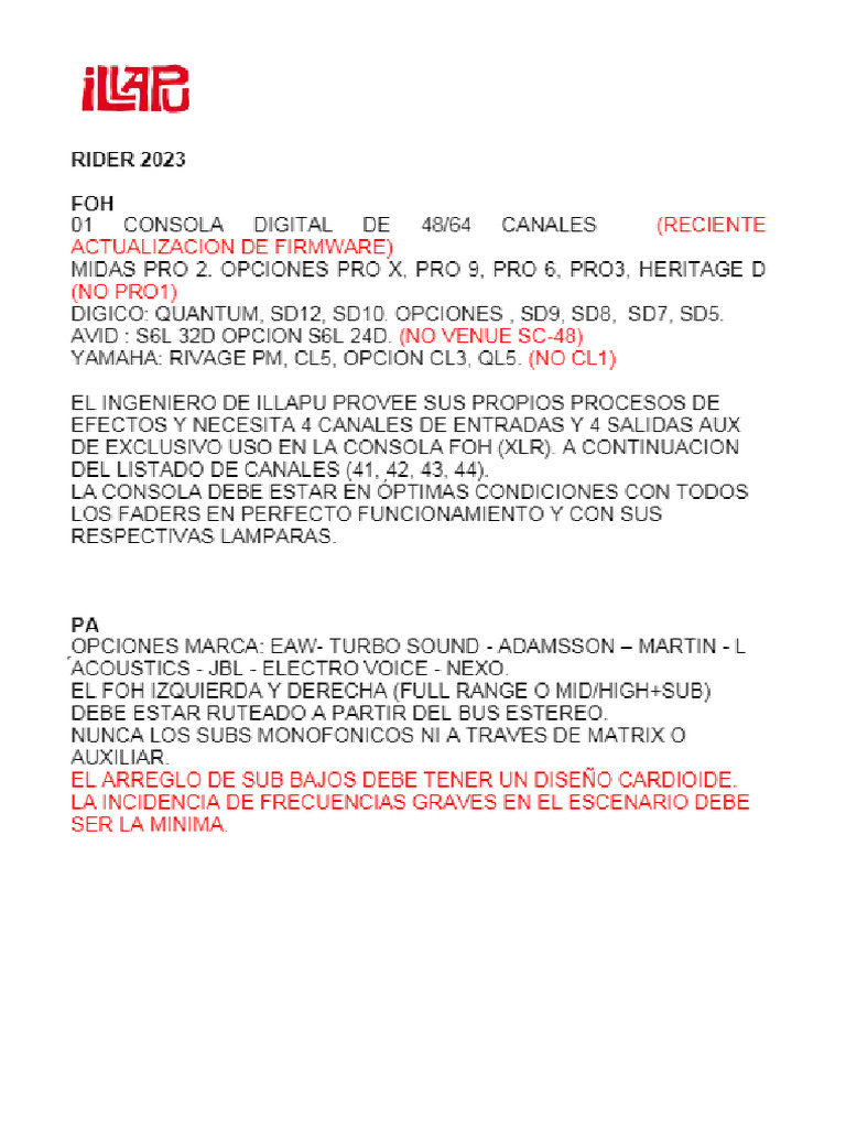EJEMPLO DE RIDER TECNICO | PDF