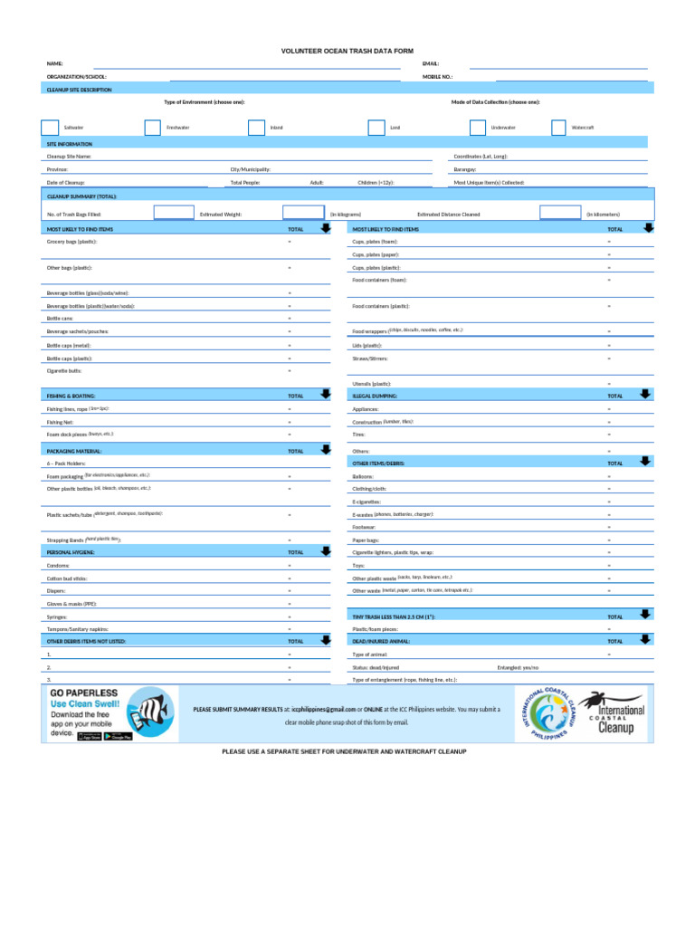 Ocean Trash Volunteer Data Form | PDF | Oceanography | Earth Sciences