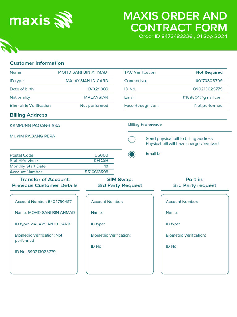 Maxis Order and Contract Form: Customer Information | PDF