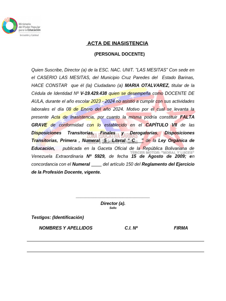Acta de Inasistencia Docente | PDF | Documento de identidad | Derecho