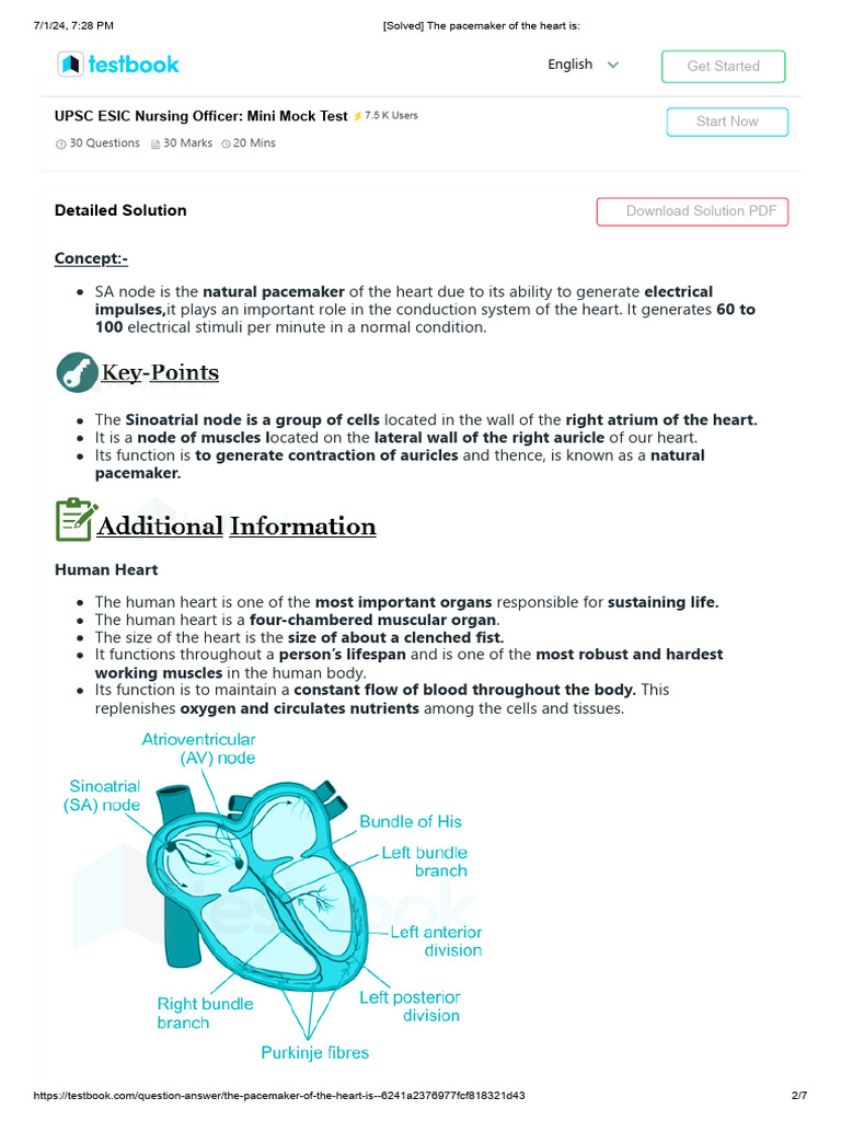 (Solved) The Pacemaker of The Heart Is | PDF