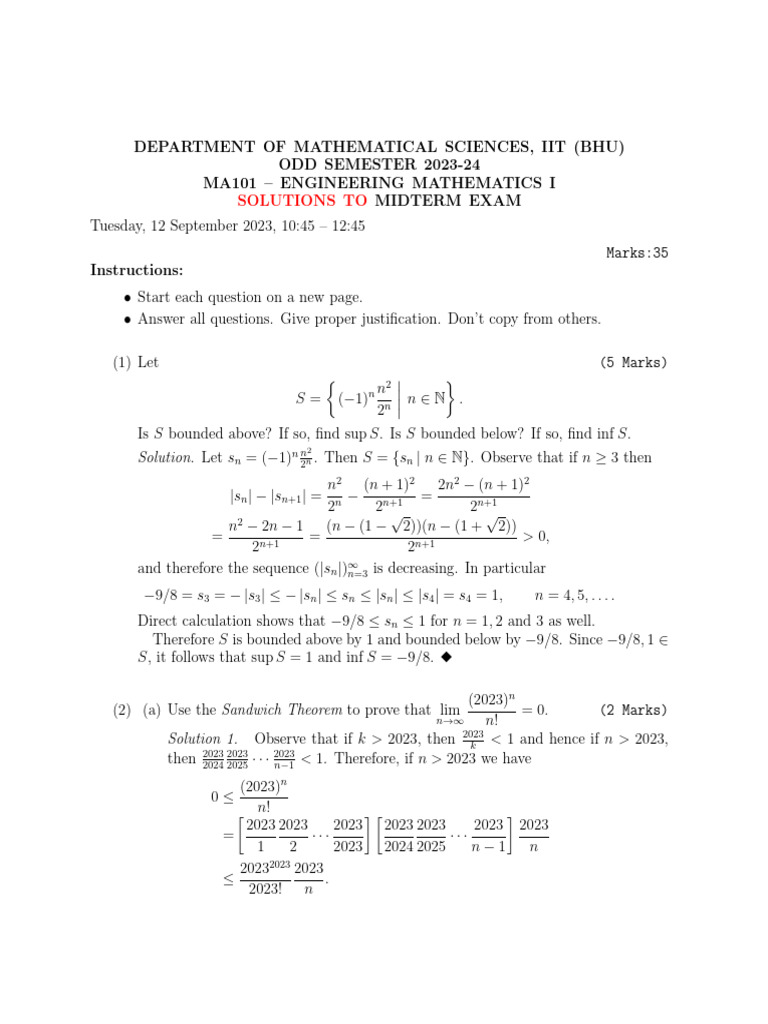Department of Mathematical Sciences, Iit (Bhu) ODD SEMESTER 2023-24 ...