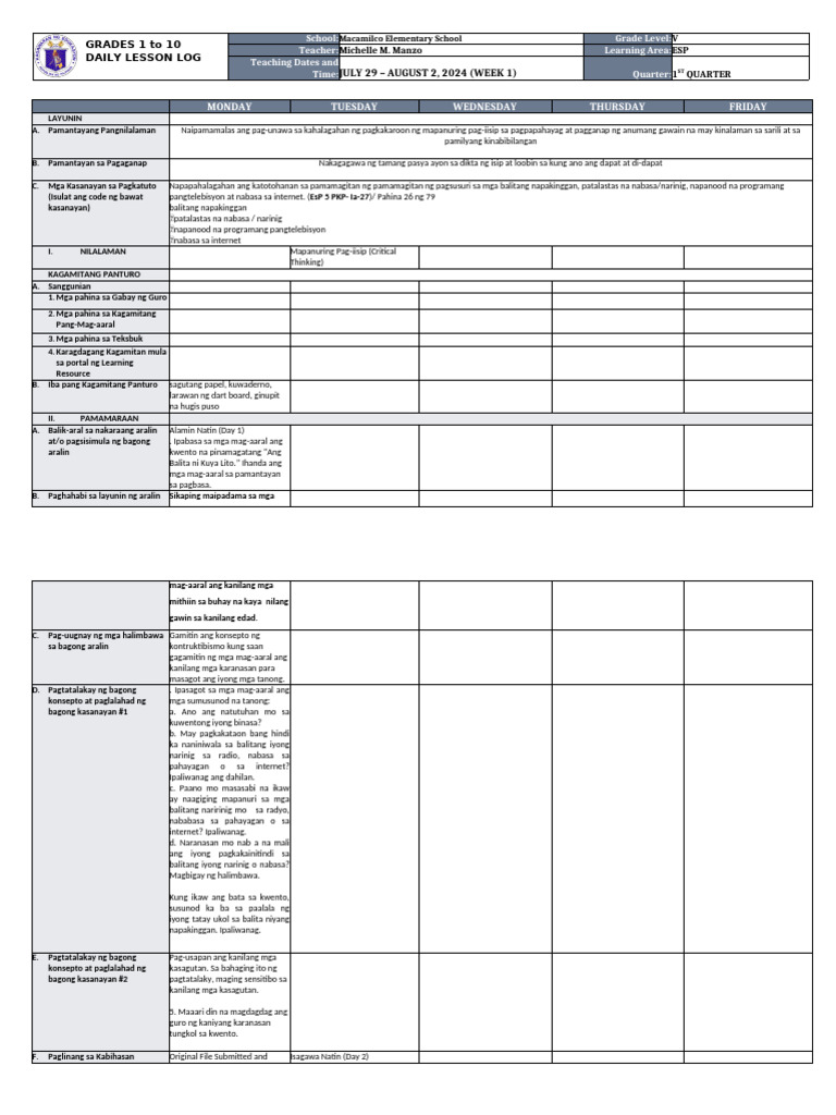 DLL Esp5 q1w1 | PDF