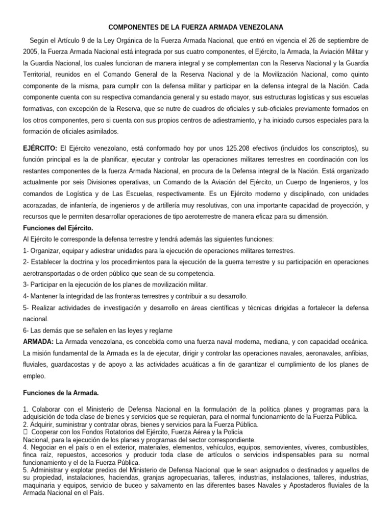 Componentes de La Fuerza Armada Venezolana | PDF