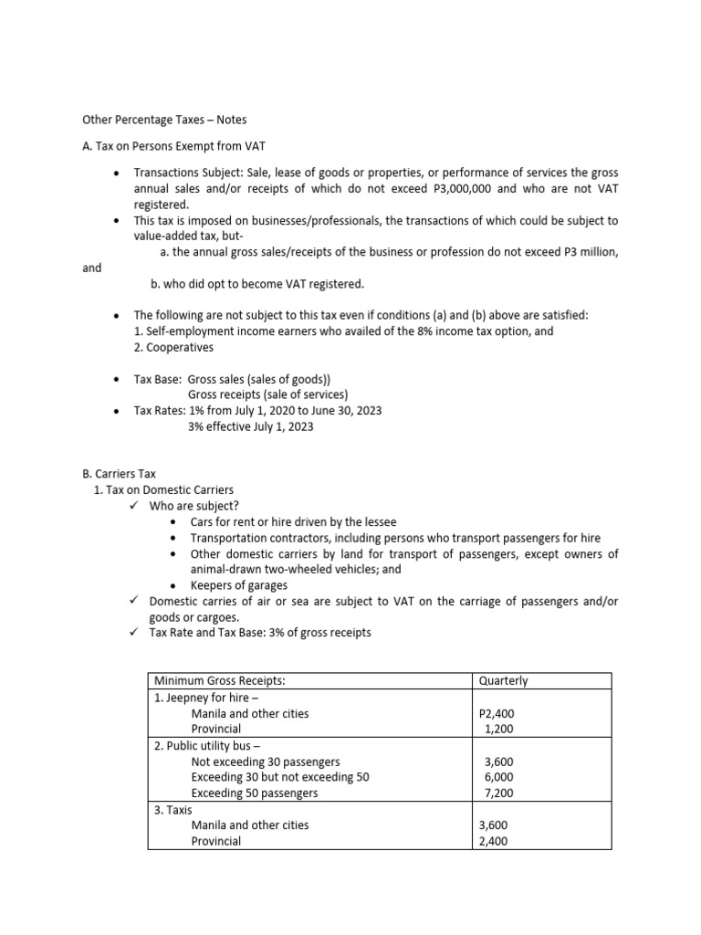 Other Percentage Taxes Notes | PDF