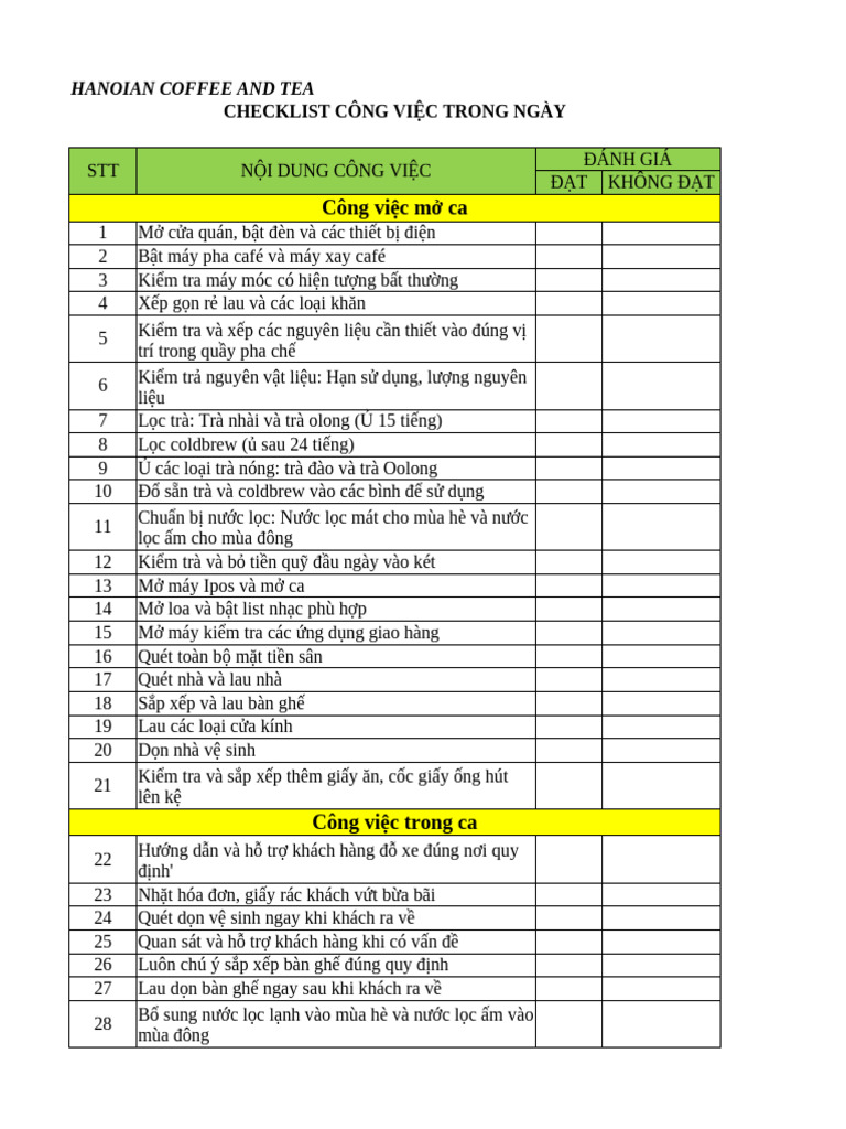 Checklist công việc hàng ngày | PDF
