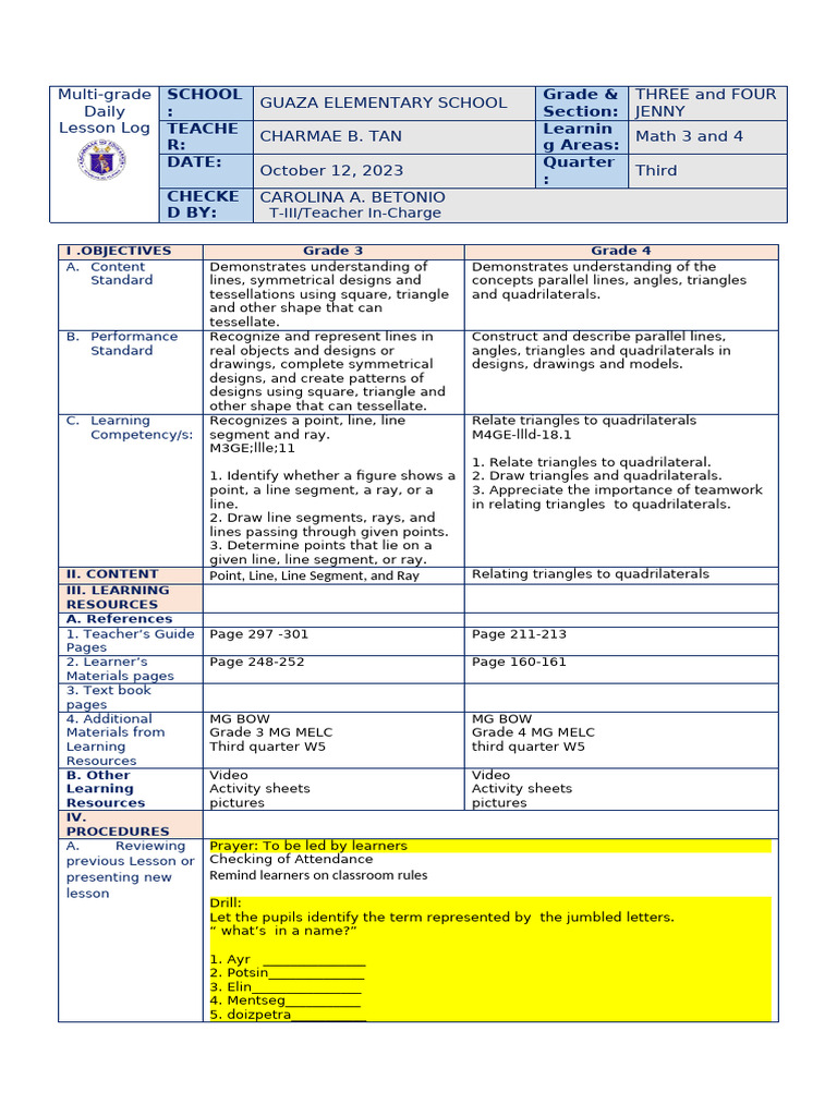 Grade 3 and 4 COT Math Q3,2024 | PDF