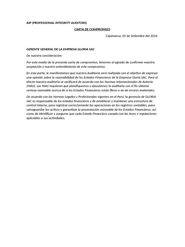 Aip Carta de Compromiso | PDF | Negocios | Finanzas y dinero