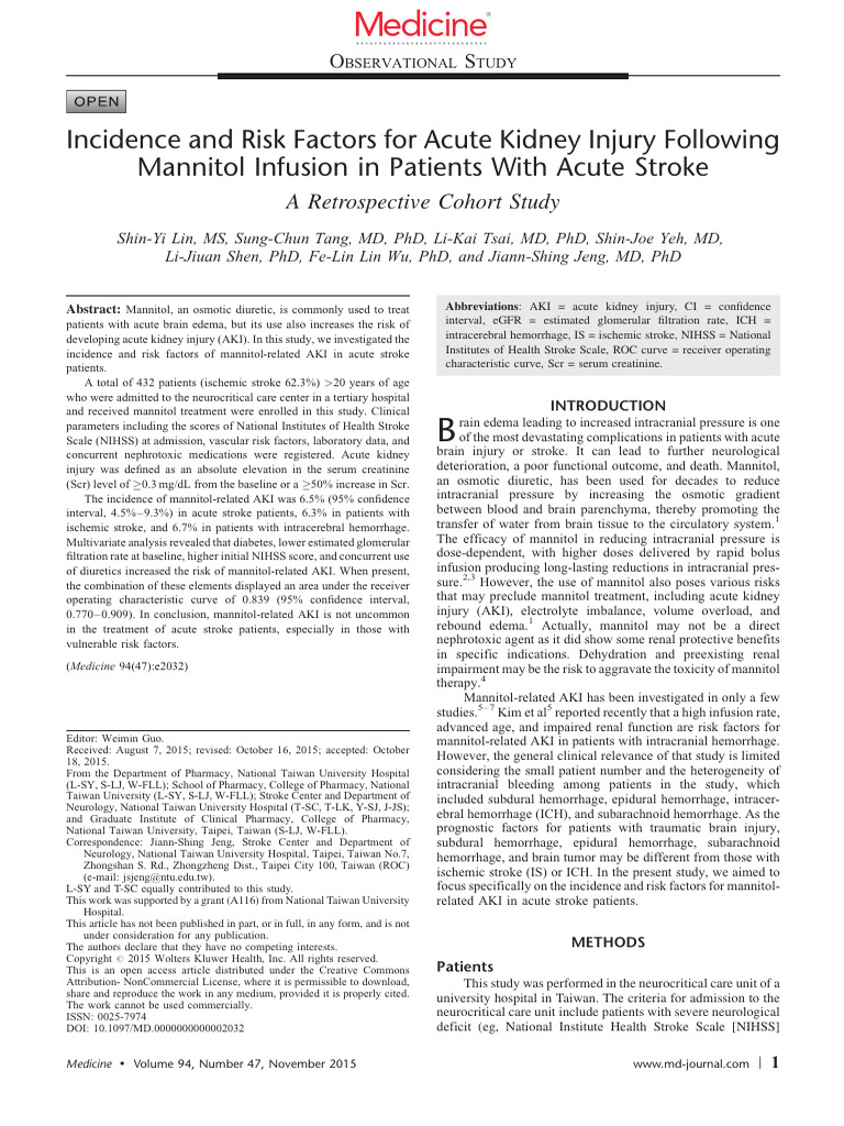 Incidence and Risk Factors For Acute Kidney Injury Following Mannitol | PDF
