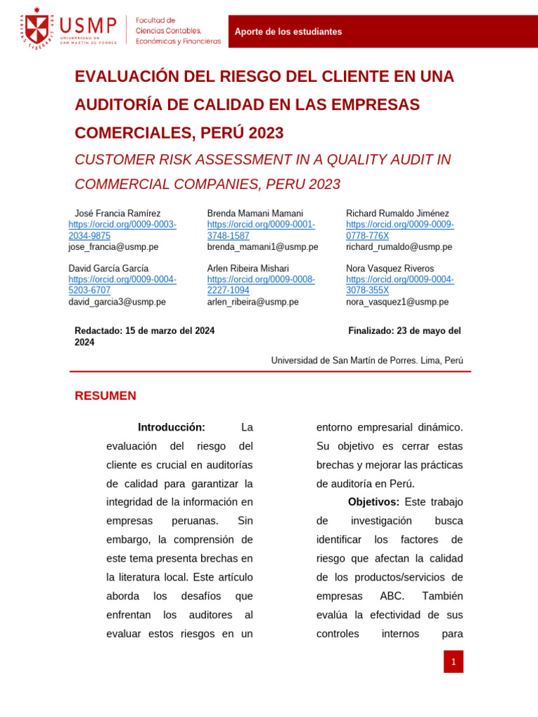 Evaluación Del Riesgo Del Cliente en Una Auditoría de Calidad en Las ...